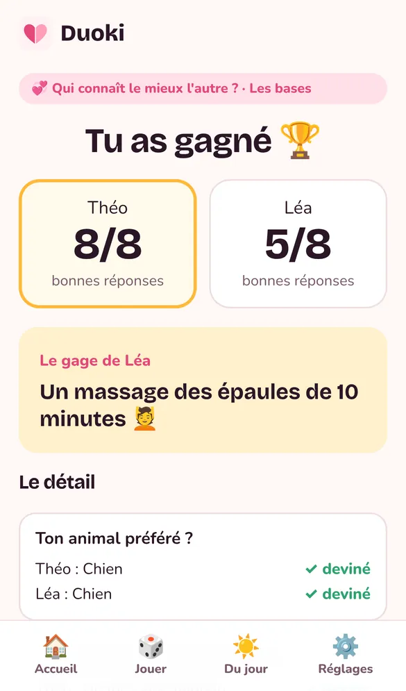 Écran des résultats : Théo 8 sur 8, Léa 5 sur 8, et le gage de Léa
